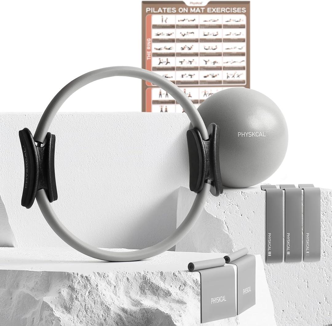 PhysKcal Pilates Kit, 15-Inch Pilates Ring with 1x Core Ball, 3X Resistant Loops and 2X Flex Bands, Home Pilates Equipment Set and Mat Pilates Essential Kit (Mist)