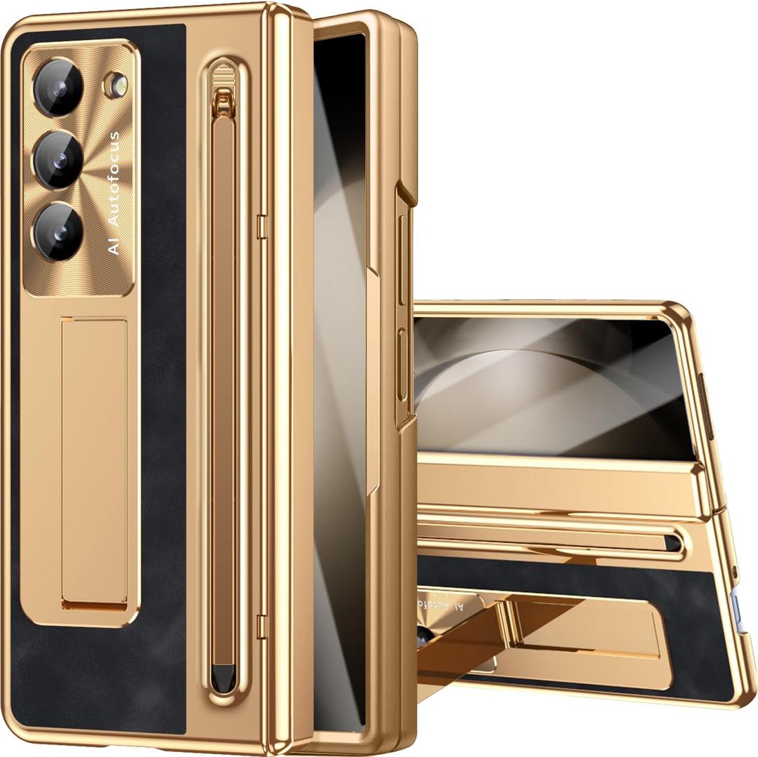 NINKI for Samsung Galaxy Z Fold 5 Case with S Pen Holder & S Pen, Galaxy Z Fold 5 Phone Case with Stand & Screen Protector, Plating Leather Hinge Protective Cover for Z Fold5 5G  Gold with Black