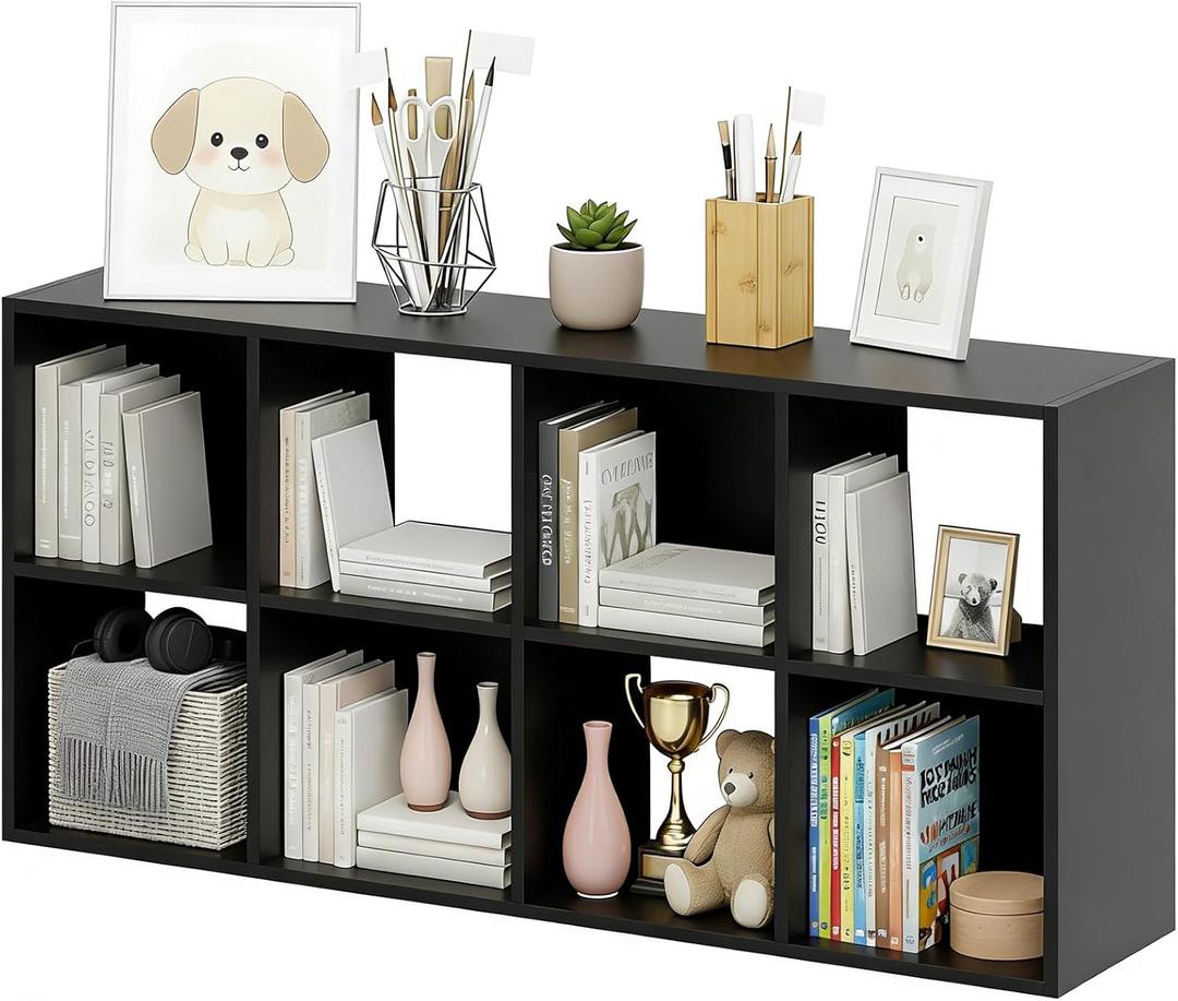 8-Cube Storage Organizer, Black Bookshelf with Open Compartments for Home Office, Modern Bookcase Display Shelf for Living Room, Bedroom & Entryway