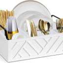 Ukonvi Paper Plate Dispenser and Holder for Kitchen Counter, Wood Rustic Silverware Utensil Caddy, Cutlery Flatware Organizer Box for Cups Spoons Forks Napkins, Kitchen Accessories, White-handle