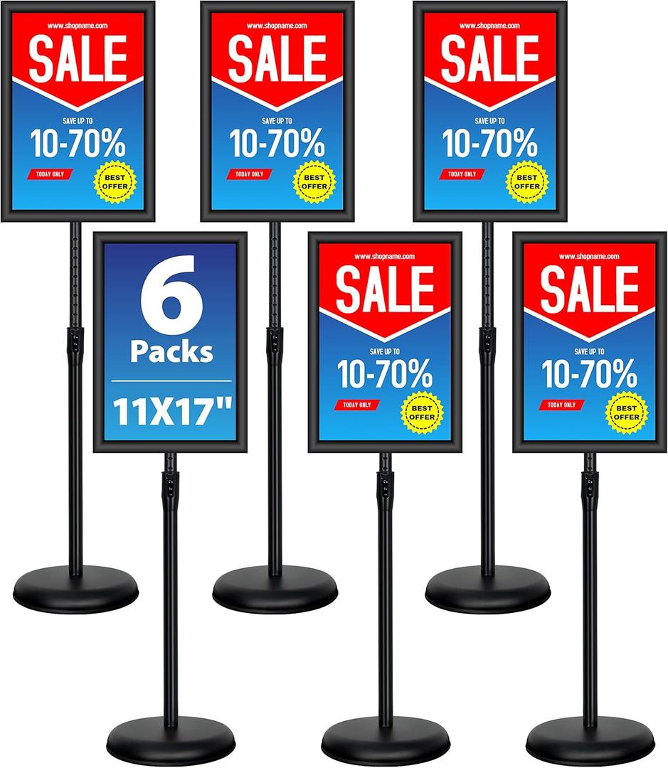 6Packs 11x17 Inch Adjustable Pedestal Poster Sign Stand, Heavy Duty Floor Standing Sign Holder Stand Aluminum Snap Open Frame for Vertical and Horizontal View Sign Displayed(Black)
