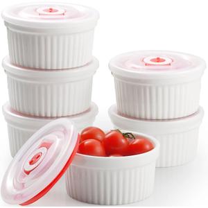 Ramekins with Lids 12 oz White Creme Brulee Ramekins Ceramic Oven Safe Pudding Cups, Set of 6 Porcelain Custard for Baking Dishwasher and Microwave Safe