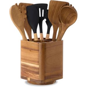 Wood Utensil Holder for Kitchen Counter, 360 Rotating Kitchen Utensil Holder, 7.2"x 6" Large Acacia Cooking Utensil Crock for Countertop (SQUARE)