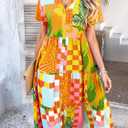 Women's Floral Boho Midi Dress V-Neck Short Sleeve Summer Casual Button-Up Flowy Dresses 2026 Beach Vacation Outfits (S)