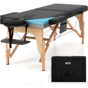 KCC Memory Foam Massage Table Premium Portable Foldable Massage Bed Height Adjustable, 84 Inches Long 28 Inchs Wide Home Salon Spa Bed Tattoo Table with Accessories &Carrying Case, Easy Set Up, Wooden Leg
