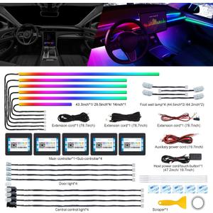 Acrylic Interior LED Strip Light With Wireless APP, RGB 18 in 1 With 175 Inches 600 LEDs Fiber Optic Ambient Lighting Kits for Car, 16 Million Colors Sound Active Function