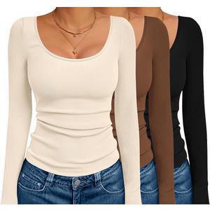 Ekouaer 3 Pack Long Sleeve Shirts for Women Scoop Neck Ribbed Thermal Tops Slim Fit Basic Undershirts (Medium, Black/Brown/Beige)