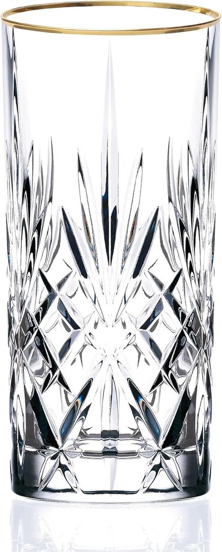 Lorren Home Trends Siena Collection Crystal Water Beverage or Ice Tea Glass with Gold Band Design, Set of 4,12 ounces (High Ball)