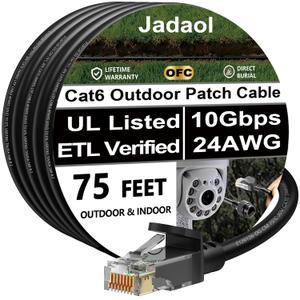 Jadaol Cat 6 Ethernet Cable 75 ft (22.86m), Outdoor&Indoor, Support Cat8/7 Network LAN Cable, Up to 10Gbps Cat6 UTP 24AWG Pure Copper RJ45 Internet LAN Patch Cord for Router, Modem, Switch, PoE, Black