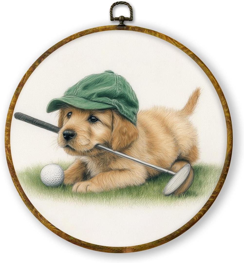 3 x QZQE Golden Retriever Golf Nursery Round Wall Art Decor Framed, Golden Retriever Gifts Circle Canvas Prints, Dog Sports Circular Wall Hanging Decor for Sport Room Kids Nursery Bedroom, 10x10 Inch (Colour 01)