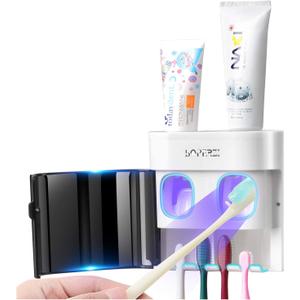 Boperzi Dustproof Cover Toothbrush Holder Wall Mounted Automatic Dispenser for Shower Bathroom Set with 2 Toothpaste Squeezers(No Electric, No Light)