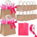 12 Pack Valentine's Day Burlap Gifts Bags with Handles Galentines Day Reusable Tote Bag Bulk Small Bachelorette Jute Handbag with 50 Tissue Paper & Ribbons, 8.7x5.5x7 Inch(Classic,Hot Pink)