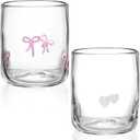 Skylety Set of 2 Bow Icon Juice Glass 14oz Coquette Pink Bow Glass Cup Coquette Heart Coffee Mug Gifts for Women Girls Mothers Day Birthday Bridal Shower Gifts