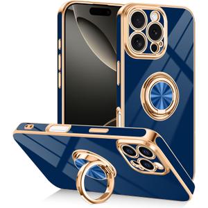 Designed for iPhone 16 Pro Case with Ring Stand, 360 Rotatable Holder Support Magnetic Car Mount Soft TPU Plating with Full-Covered Lens Protection Phone Case for iPhone 16 Pro Blue