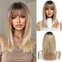 Ombre Blonde Wigs for Women Medium Length Long Straight Wig with Bangs Synthetic Hair Heat Resistant Wigs for Everyday Party Cosplay Wear