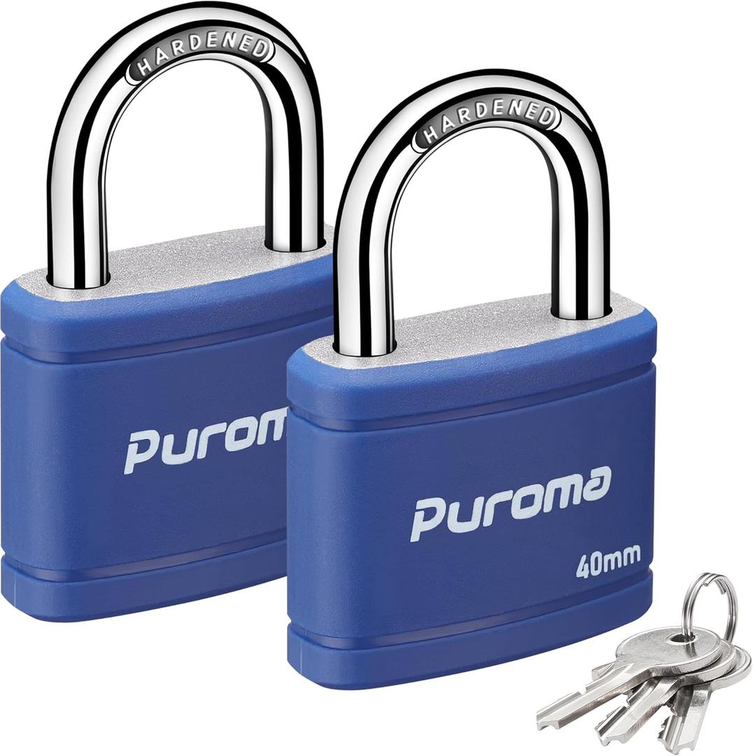 Puroma 2 Pack Keyed Padlock with 3 Keys Alike, 7/8 Inch Locker Lock 40mm Heavy-Duty Locks for Gate Fence Hasp Cabinet Toolbox School Gym Locker (Blue)