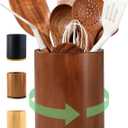 Wooden Utensil Holder, 360°Rotating 7.3'' Large Utensil Holder for Kitchen Counter, Kitchen Utensil Organizer, Utensil Crock, Farmhouse Kitchens Countertop Decor, Walnut-finish