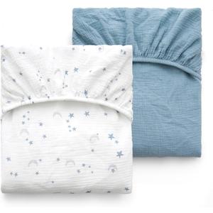 Momcozy Muslin Standard Fitted Crib Sheets, 52"x28", 2 Pack Soft Breathable Natural Cotton Baby Mattress Sheet, 360 Mattress Wrapping No Slip Boys Girls Neutral Toddler Bed Sheet, Blue Star Moon