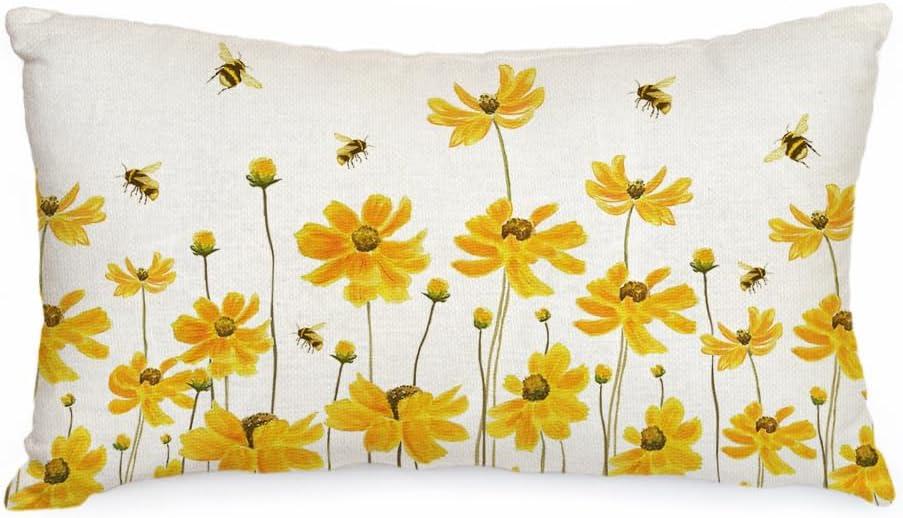 AACORS Spring Pillow Cover 12X20 Inch Daisy Bee Decorations Farmhouse Seasonal Summer Pillow Case Decor for Sofa Couch, (Yellow）