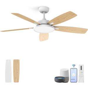 Roomratv Ceiling Fans with Lights,52 inch Smart Ceiling Fans with Dimmable LED Light Compatible with Google Home Alexa App Control(white