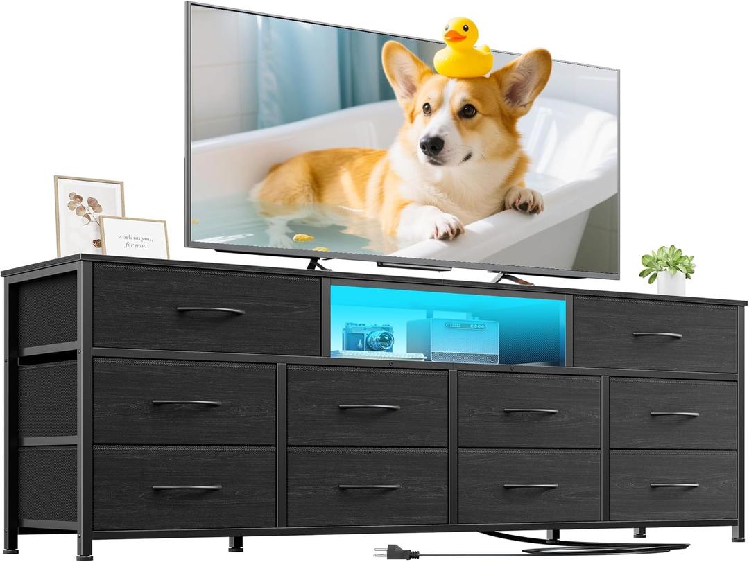 Furnulem 63 Long Dresser for Bedroom, TV Stand for 65 to 75 inch TV, Black Dresser with 10 Fabric Drawers, Chest of Drawer for Closet, Entertainment Center with Power Outlet & LED Light