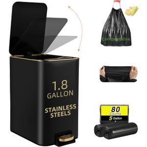 Small Bathroom Trash Can with Lid Soft Close, 1.8 Gallon Stainless Steel Garbage Can with Removable Inner Bucket,80Count Compostable Trash Bags, Slim Step Pedal Trash Bins (Black)