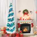 QBA 5FT Pop Up Christmas Tree with 90 Colorful Lights, Collapsible Tinsel Christmas Tree Skinny Pencil Christmas Trees for Home Fireplace Porch Party, Spiral Blue White
