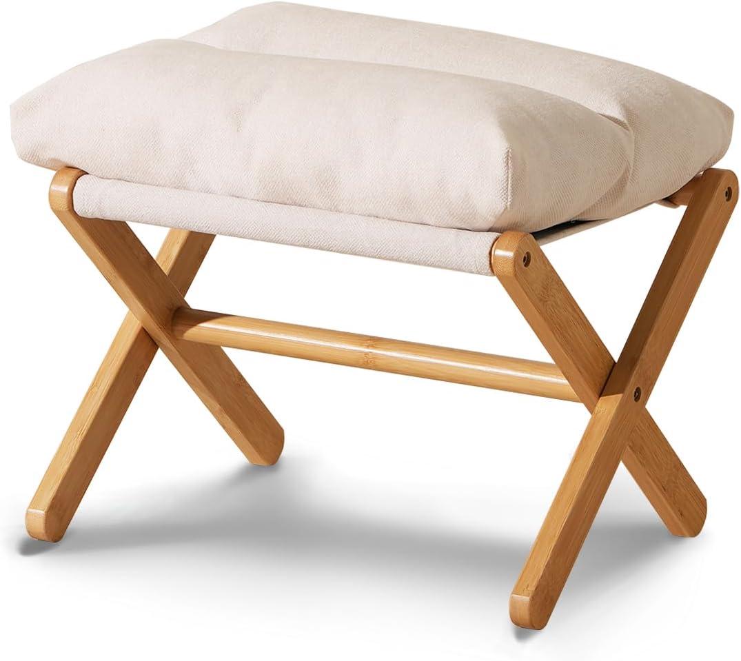 Baveke Ottoman Foot Rest- Bamboo Foldable Stool, Foot Stools Small Ottman with Upholstered & X Legs, Folding Shoe Bench, Bedroom and Living Room (Small Beige) (16.7"D x 12.2"W x 15.4"H)