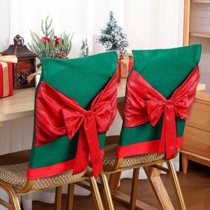 Vesici 4 Pcs Christmas Chair Back Covers Red Green Bows Dining Chair Slipcovers 3D Removable Washable Christmas Decoration Slipcovers Set for Xmas Holiday Kitchen Dining Room Home Office Decorations