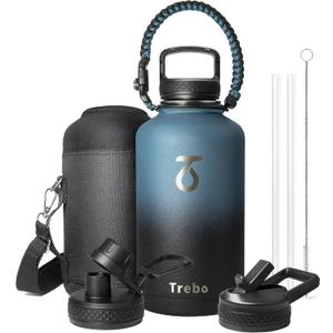 Trebo Water Bottle 64oz with Paracord Handle, Half Gallon Large Vacuum Double Wall Stainless Steel Insulated Water Jug with Holder Strap Straw Spout Lids, Leakproof Keep Cold & Hot, Indigo/Black