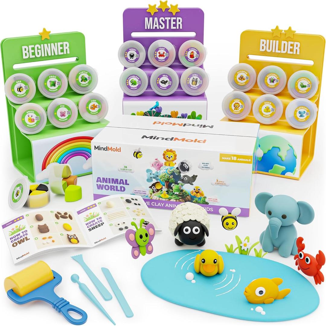 Air Dry Clay Kit  Make 18 Animals with Tools & Video Tutorials  DIY Modeling Set for Kids  3 Learning Levels  Non-Toxic, No-Bake  MindMold Gift for Ages 5+
