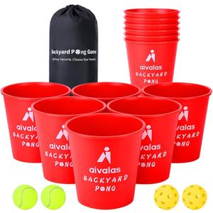 Yard Pong Outdoor Games, Giant Yard Games Set with 12 Buckets and Balls for Adults and Family, Toss Game Throwing Games for Beach, Camping, Lawn and Backyard (Red)