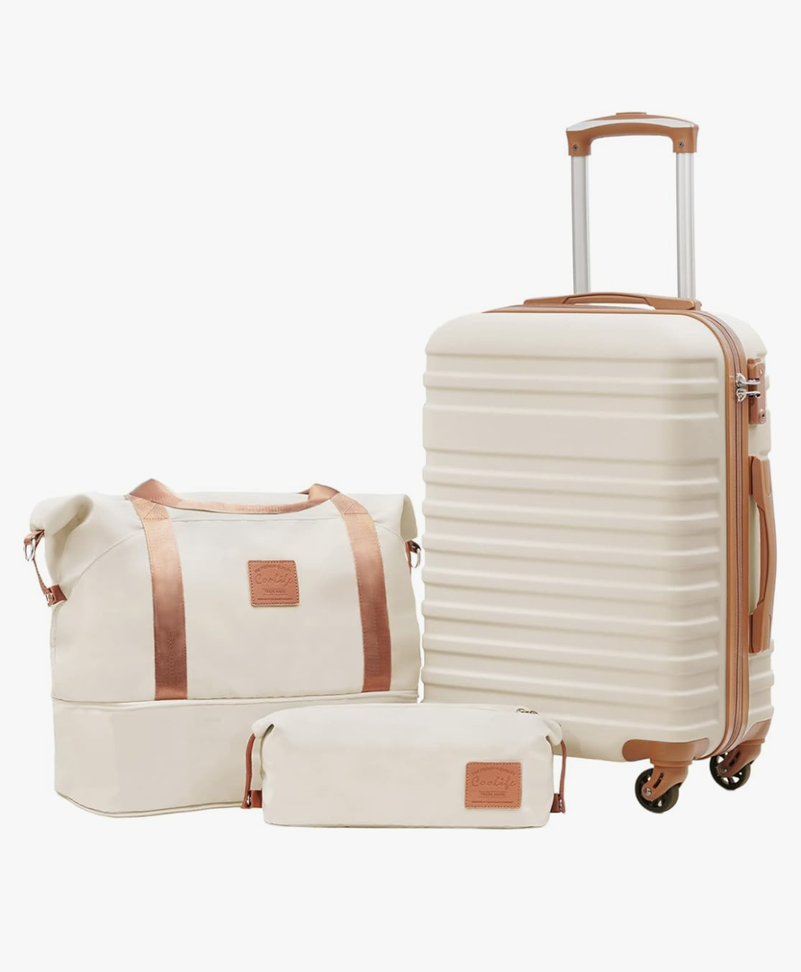 COOLIFE Luggage Carry On Luggage Suitcase Softside Wheeled Luggage Lightweight Rolling Travel Bag, White, 3 Piece Set (DB/TB/20), Luggage Set with Bags