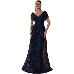 Giffniseti Women's V Neck Sequin Ball Gown Formal Maxi Dress A-Line Prom Evening Party Gowns (Blue)