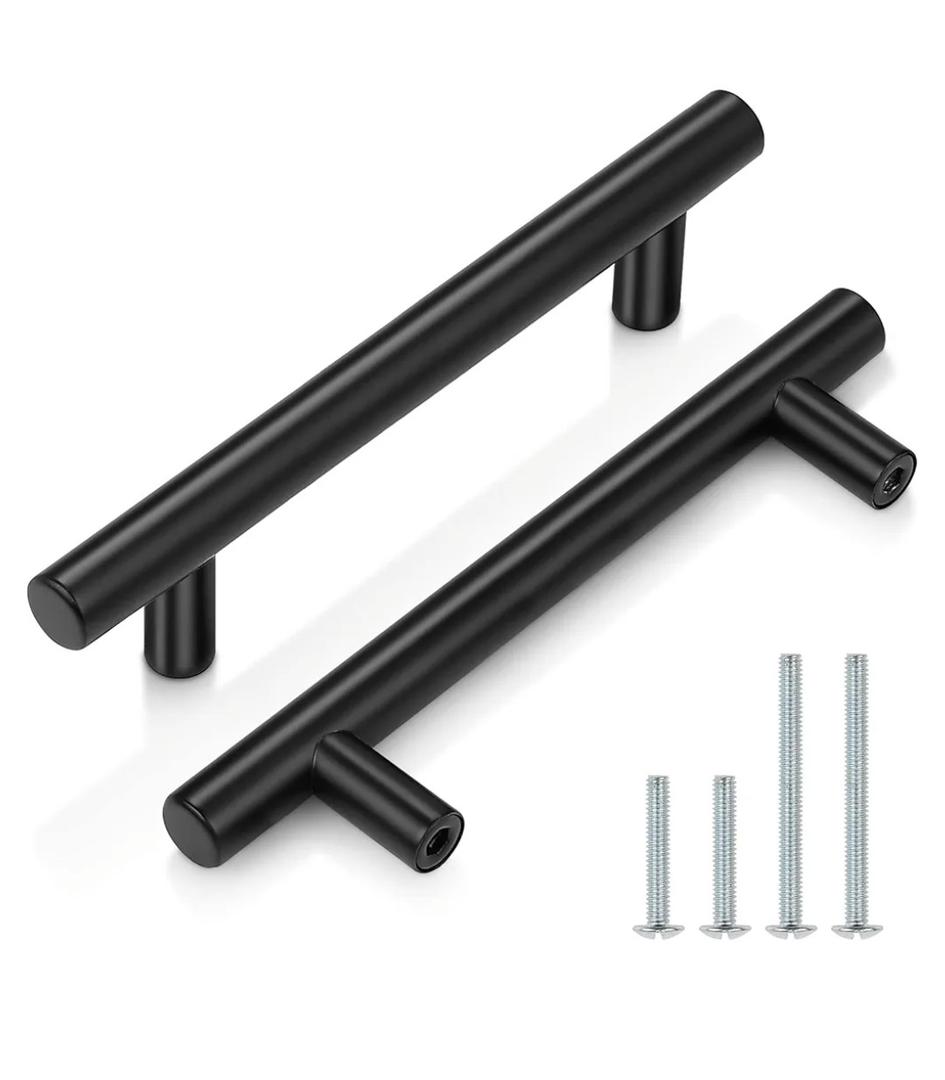 Probrico (4 Pack 3-3/4 Inch Hole Centers Cabinet Handles Black Kitchen Cabinet Pulls, Euro T Bar Drawer Handles Dresser Cabinet Pulls Hardware, 6 Inch Total Length