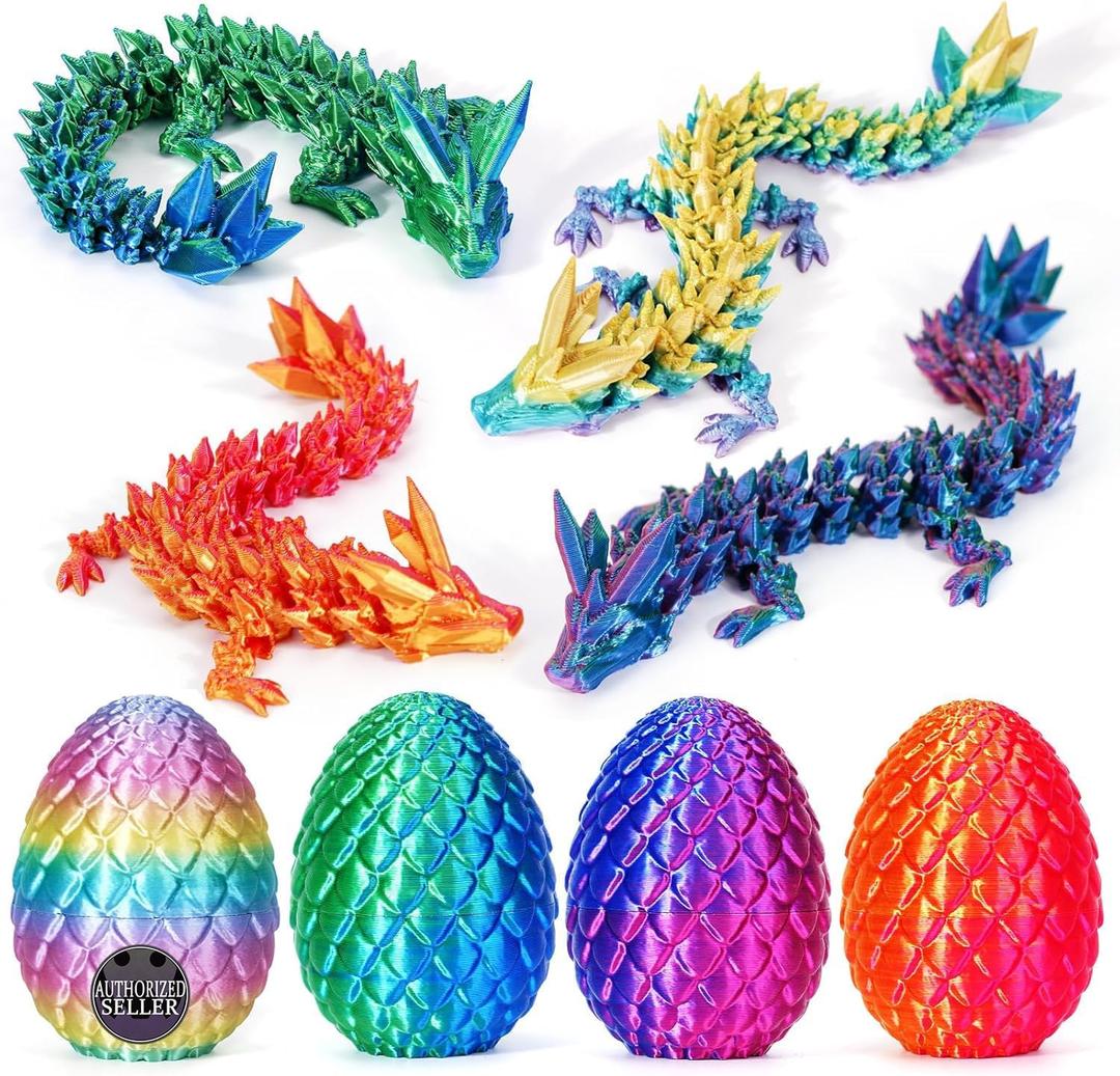 TBOLINE 4PCS 3D Printed Dragon Egg, Articulated Crystal Animals Cool Fidget Toys, Small 3D Printer Dinosaur Eggs Party Favors Toy Classroom Prizes for Kids Boy Girls 5-7 8-12