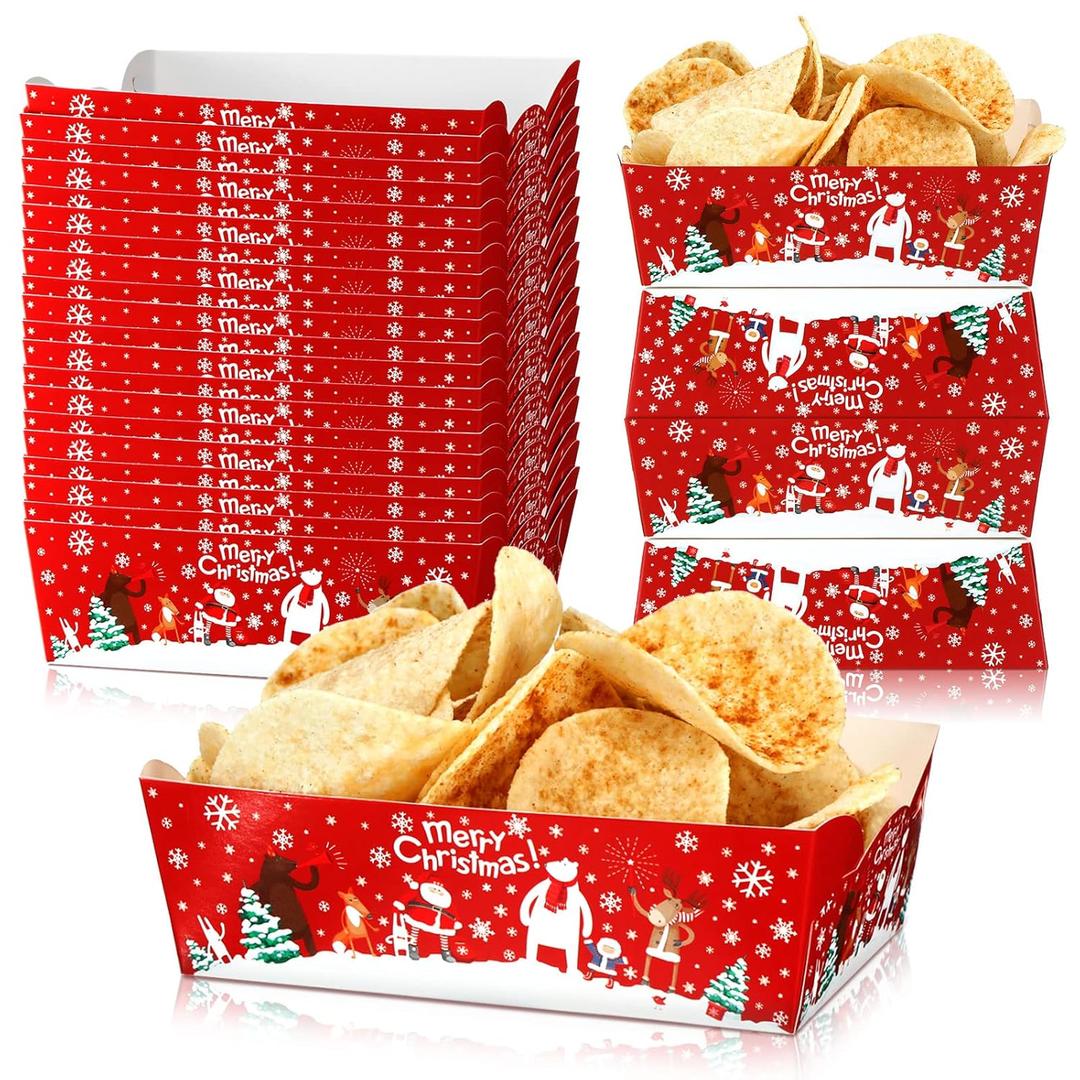Cunhill 60 Pack Christmas Paper Trays Christmas Movie Night Snack Trays Disposable Party Plates Food Serving Boats for Cookie Snack Movie Night Party Supplies