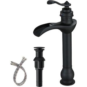 BWE Matte Black Vessel Sink Faucet Waterfall Single Hole Handle with Pop Up Drain Stopper Assembly and Supply Hose Bathroom Faucet Vanity Lavatory Mixer Tap Tall Body