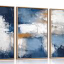 HOURIA Set of 3 Abstract Brush Strokes Framed Canvas Wall Art Set,Navy Blue and Gold Wall Decor,Modern Color Block Shape Artwork,Minimalist Neutral Blue Printing for Living Room,Bedroom, Office 