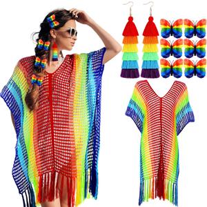 Shyyween 8 Pcs Rainbow Outfits for Women Rainbow Accessories Cover up Dress Tassel Earrings Butterfly Hair Clip for Beach
