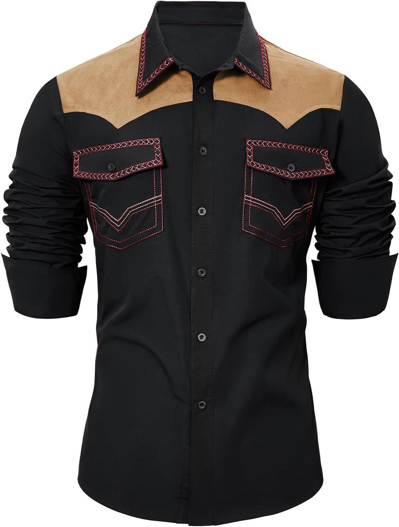 American Trends Mens Western Shirts Long Sleeve Cowboy Shirts for Men Casual Button Down Shirts Country Shirt (Medium, Black)