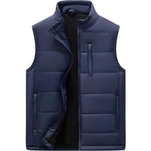 VtuAOL Men's Puffer Vest Outdoor Hooded Padded Vest Softshell Outerwear Vest for Travel Hiking (Medium, 01 Dark Blue)