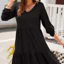 Dokotoo Fall Dresses for Women 2025 V Neck Button Up Long Sleeve Empire Waist Ruffle Tiered Mini Dress with Pockets (Black, XXL)