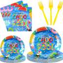Sunnyray 96 Pieces Goodbye School Hello Pool Party Supplies Summer Pool Party Tableware Set End of School Year Summer Vacation Plates Napkins Forks for 24 Guests