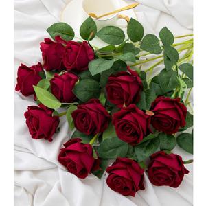 Hawesome 12PCS Artificial Flowers Fake Roses, Realistic Velvet Long Stem Red Roses Bouquet for Wedding Centerpiece Home Decor Party & Valentines (Wine)