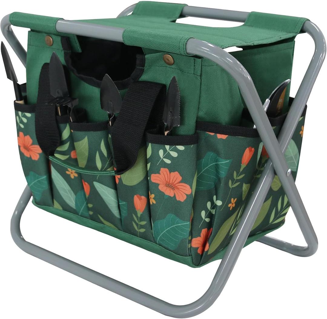Folding Gardening Stool with Detachable Storage Tote Bag, Multifunctional Gardening Tools Set Organizer for Fishing and Camping,Portable Garden Chair Seat for Adults (Green Flower), 5x2x10 inches