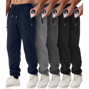 Mens Sweatpants with Zipper Pockets 5 Pack Athletic Joggers for Men Warm Slim Fit Track Workout Running Sweat Pants, L