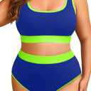 Tempt Me Women Plus Size High Waisted Bikini Set Two Piece Swimsuit Full Coverage Sporty 2 Piece Bathing Suits (Blue Green) 18plus