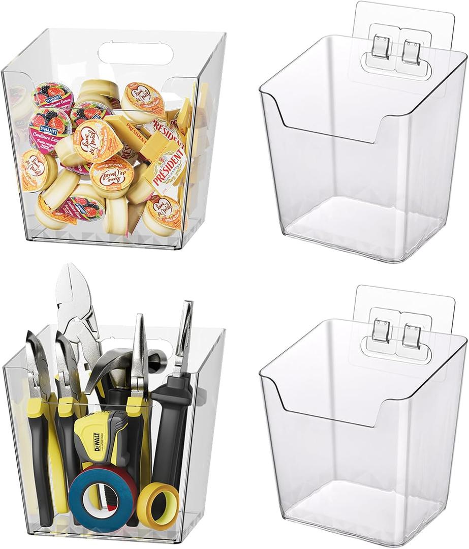 Clear Adhesive Wall Storage Bins, 4 Pack Cabinet Door Organizer Holders, Hanging Wall Mount Pockets, Plastic Cups for Shower Bathroom Makeup Office Craft Remote Kitchen Sink RV Organization (Large)