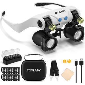 COYLAPY Magnifying Glasses for Close Work, Jewelers Magnifying Glasses with Light & 7 Interchangeable Lens Pairs(3X 5X 6X 7X 10X 13X 16X), Headband Loupe Magnifier for Watch Repair, w/Case